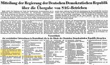 "Übergabe von SAG-Betrieben", Bericht im Neuen Deutschland vom 29. April 1952 (eigene farbliche Hervorhebung).