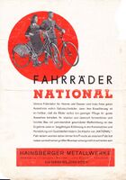 Werbeblatt der Hainsberger Metallwerke für "NATIONAL"-Fahrräder, um 1950, Seite 1.