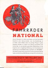Prospekt der Hainsberger Metallwerke für "NATIONAL"-Fahrräder, um 1950, Seite 1.