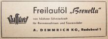 Anzeige für Brenella-Freilauföl, Januar 1959.