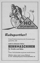 Anzeige der staatlichen Handelsorganisation HO für den Verkauf der neu entwickelten Diamant-Rennräder, 1954.