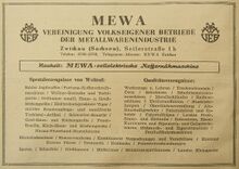 Anzeige mit dem Produktionsprogramm der Betriebe der VVB MEWA, 1947.