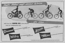 Gemeinsame Anzeige für Fahrräder von Diamant, Mifa, Möve und Simson, Mai 1956.