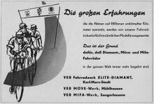 Gemeinsame Anzeige für Fahrräder von Diamant, Mifa und Möve, 1958 und 1959.