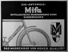 Anzeige für Mifa-Fahrräder, April 1950. Mifa wird hier gleichzeitig als SAG-Betrieb und als GmbH benannt.