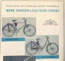 Anzeige für Simson-Fahrräder zu den Leipziger Messen 1950 und 1951. Die Abbildungen sind, da gezeichnet, nur symbolisch zu verstehen.