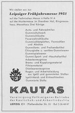 Anzeige mit dem ausgestellten Produktionsprogramm der VVB KAUTAS auf der Leipziger Frühjahrsmesse 1951, März 1951.