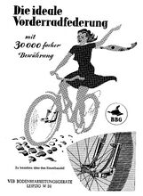 Werbeanzeige für die Vorderradfederung des VEB Bodenbearbeitungsgeräte Leipzig in der Zeitschrift Radsportwoche, 1958.
