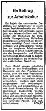 Notiz in der Berliner Zeitung vom 16. Juli 1974 zur "Gestaltung der Arbeitskultur in einem neuen Produktionsbereichbereich der Mifa-Fahrradwerke Sangerhausen".
