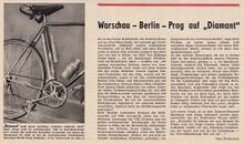 Artikel in der Zeitschrift Freie Welt vom 10. Mai 1956 über den Einsatz von Diamant-Rennrädern zur Friedensfahrt 1956.