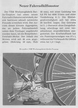 Vorstellung des neuen Fahrradhilfsmotors in einer Messeinfomation, Februar 1954. Auffällig ist die Bauart des Vergasers.