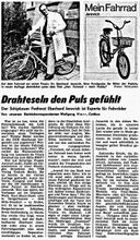 Artikel im Neuen Deutschland vom 12./13. August 1989 über Dr. Eberhard Jennrich und seine Broschüre Das Fahrrad. Bemerkenswert ist der Hinweis auf ein weiteres geplantes Fahrradbuch von Jennrich, das auch "internationale[...] Trends berücksichtigt und Modelle wie Trial-Räder, Mountain- oder All-Terrain-Bikes" vorstellen sollte. Dieses Buch kam jedoch nicht mehr zur Veröffentlichung.