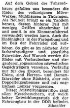 Notiz im Neuen Deutschland vom 4. September 1953 über Möve-Fahrräder auf der Leipziger Herbstmesse.
