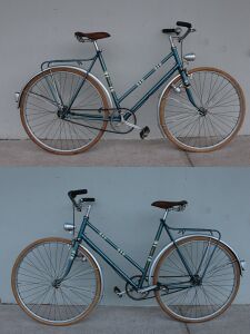 Aufwendig von Fahrrad Wolf umgebautes Diamant Modell 68: der 26"-Herrenrahmen wurde zum Damenrahmen umgelötet und anschließend als 28" Sportrad im Stil eines Mod. 109 wieder aufgebaut. Einigen Anbauteilen nach zu urteilen, wird die Aufarbeitung etwa Mitte der 50er Jahre stattgefunden haben.