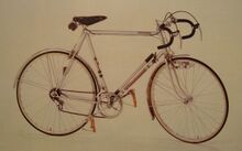 Dieses Rennrad aus den späten 80er Jahren hat ein Rahmendekor mit Chromfolienaufklebern. Markant ist der "Rennsport"-Schriftzug am Oberrohr.
