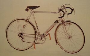 Dieses Rennrad aus den späten 1980er Jahren hat ein Rahmendekor mit Chromfolien. Markant ist der "Rennsport"-Schriftzug am Oberrohr.