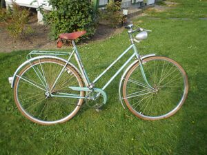 ================================================ Dieses Fahrrad besitzt bereits das noch Ende 1956 eingeführte Rahmendekor mit den bunten "Weltmeisterringen". Beachtenswert ist die gute Erhaltung dieses Exemplars, selbst die Luftpumpe und das Kleidernetz sind noch vorhanden.