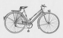 Modell 209, Katalogabbildung von 1957. Dem Rahmendekor nach, ist das gezeigte Fahrrad jedoch älter. Außergewöhnlich ist das Kettenblatt mit Zweipunktbefestigung. Der Kettenschutz ist dreifach durchbrochen. Ausstattung mit Sport-Ledersattel.