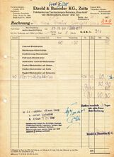 Rechnung der Firma Etzold & Baessler von 1954. Aufgeführt ist das Produktportfolio, zudem der gestempelte Hinweis auf (Fahrrad-)Bremsklötze (Länge 42mm).
