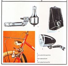 Präsentation von FER-Fahrradbeleuchtung in einem Export-Magazin des DDR-Außenhandels, 1983. Im Begleittext heißt es dazu: "'Sehen und gesehen werden', dieses Leitmotiv für lichttechnische Geräte an Kraftfahrzeugen gilt auch für die Fahrradlichtanlagen. Die unterschiedlichen Ausführungen lassen jeden Anwender das für ihn geeignete Modell finden."
