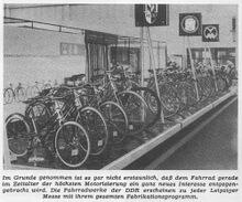 Präsentation der Fahrradwerke Mifa, Diamant und Möve auf der Frühjahrsmesse 1960 mit ihrem spezialisierten Sortiment nach der im Jahr zuvor erfolgten Sortimentsbereinigung.