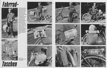 Fahrradtaschen, in: Heimarbeit, 1/1986. Schnittmuster mit Maßangaben finden sich in der Beilage (Arbeitsbogen) des Heftes.