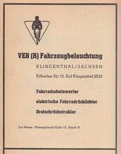 Anzeige des VEB Fahrzeugbeleuchtung Klingenthal im Katalog zur Leipziger Frühjahrsmesse 1959.