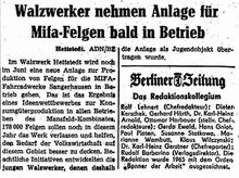 Notiz in der Berliner Zeitung vom 11. Juni 1972 zur Aufnahme der Felgenproduktion im Walzwerk Hettstedt.