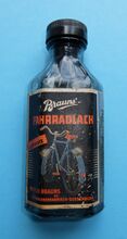 Fahrradlack (schwarz) in Glasflasche, Hersteller: Wilhelm Brauns KG, Anilinfarbenfabriken, Quedlinburg. 1950er Jahre, evtl. auch frühe 1960er Jahre.