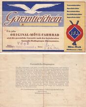 Garantieschein für ein im Dezember 1952 verkauftes Möve-Fahrad.