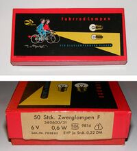 Schachtel für Fahrradglühlampen des Glühlampenwerkes Plauen, vrmtl. 1960er Jahre.