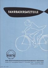 Reklame-Handzettel für Fahrradersatzteile Marke HAFA (Vorderseite), 1957.