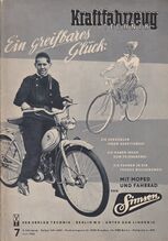 Titelblatt der Zeitschrift Kraftfahrzeugtechnik, Juli 1956, mit Werbung für Fahrräder und das Moped SR 1 von Simson.