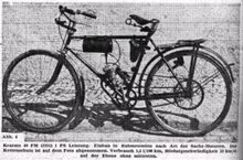 Kratmo 40 FM (hier: 1951). Der Motor war in der Rahmenmitte angeordnet, Kraftübertragung mittels Kette. Der Kettenschutz ist bei diesem Fahrrad abgenommen.
