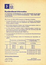 Kundendienst-Information der Renak-Werke zu importierten GOLD-DEER-Naben und Dreifach-Leerlaufzahn- kränzen. Drucklegung des Blattes: 1986.