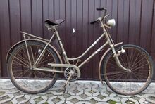 Möve Modell 35 (1955) Bei dem hier gezeigten Fahrrad wurden Schutzbleche und Felgen braun lackiert, der Rahmen hingegen ist moosgrün lackiert.