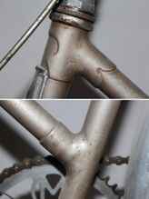 Im Detail: das Oberrohr wurde mit den Muffen abgetrennt und anschließend gedreht wieder eingesetzt; an den Nahtstellen ist noch das nicht vollständig verputzte Lot unterm Lack erkennbar