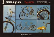 Informationsblatt (Vorderseite) für das neu eingeführte Mifa Tandem, Drucklegung 1985. Hier mit Rahmenaufklebern "MIFA TOPFIT".