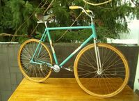 Dieses Reigenrad dürfte aus den 60er Jahren stammen. Außerdem sind Modelle in Rot bekannt. Möglich, dass die hier verbauten Holzfelgen, wenn sie denn original verbaut waren eher extravagante Komponenten waren. Zumindest wurden an Rädern dieses Typs außerdem Alufelgen verwendet.