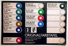 "Originalfarbtafel" für die bei Mifa verwendeten Fahrradlacke. Zeitraum: 1978 bis 1980.