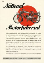 Prospekt (Seite 1 von 2) für das National-Motorfahrrad, um 1933.