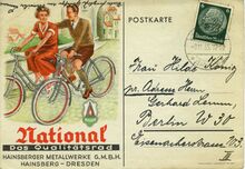 Postkarte mit Werbung für National-Fahrräder, 1935.