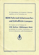 Prospekt zum RFT-Fahrraddynamo von 1953, Seite 4. Mit Reklame für BGW-Glühlampen.