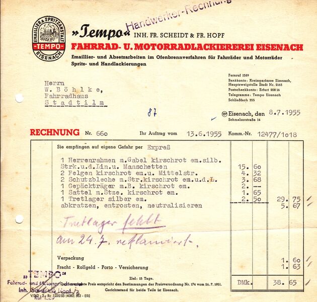 Datei:Rechnung Lackiererei Tempo Eisenach 1955.jpg