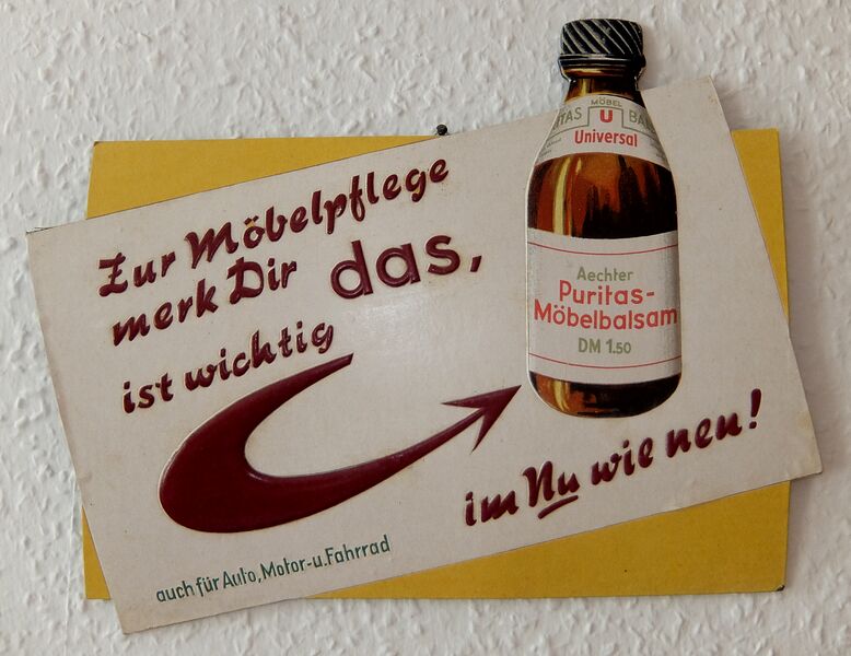 Datei:Reklameschild Puritas Möbelbalsam.JPG