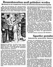 Artikel in der Berliner Zeitung vom 19. April 1950 zum Rennrad-Rahmenbau bei Diamant und Presto.