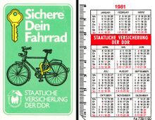 Werbe-Kalender der Staatlichen Versicherung der DDR, Scheckkartenformat, 1981.
