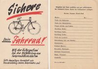 Vrmtl. nicht von der Staatlichen Versicherung der DDR, aber mit gleichem Slogan: Fahrrad-Ausweis zum Ausfüllen von 1965. (Originalgröße 10,4 X 14,8 cm)
