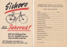 Vrmtl. nicht von der Staatlichen Versicherung der DDR, aber mit gleichem Slogan: Fahrrad-Ausweis zum Ausfüllen von 1965.