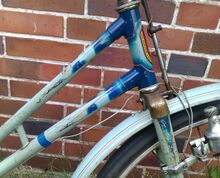 Das abgebildete Fahrrad besitzt eine seltene Lackierung in hechtgrau mit dunkelblau gebändertem und orange eingefasstem Strahlenkopf. Die Schutzbleche sind mit rot-blauen Linien abgesetzt.